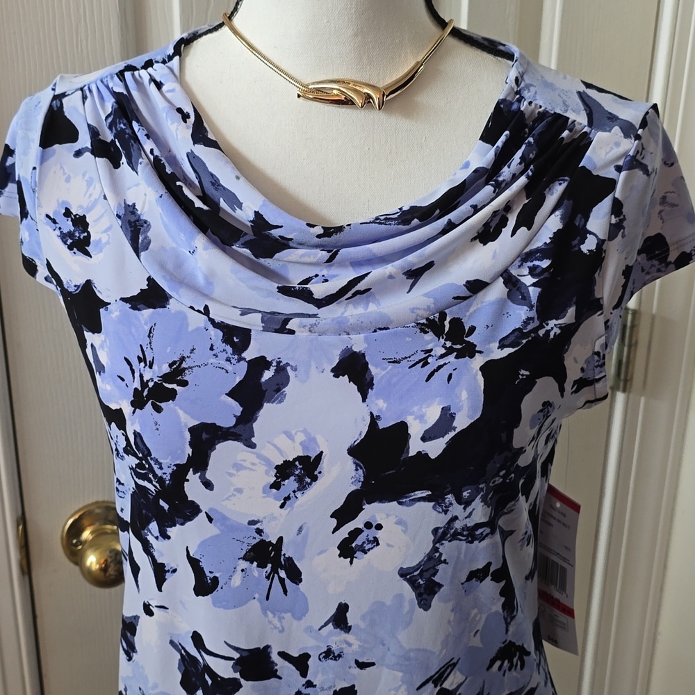 BLACK LABEL WOMEN'S BLUE FLORAL DRAPED NECK CAP SLEEVES SUMMER TOP SIZE XS